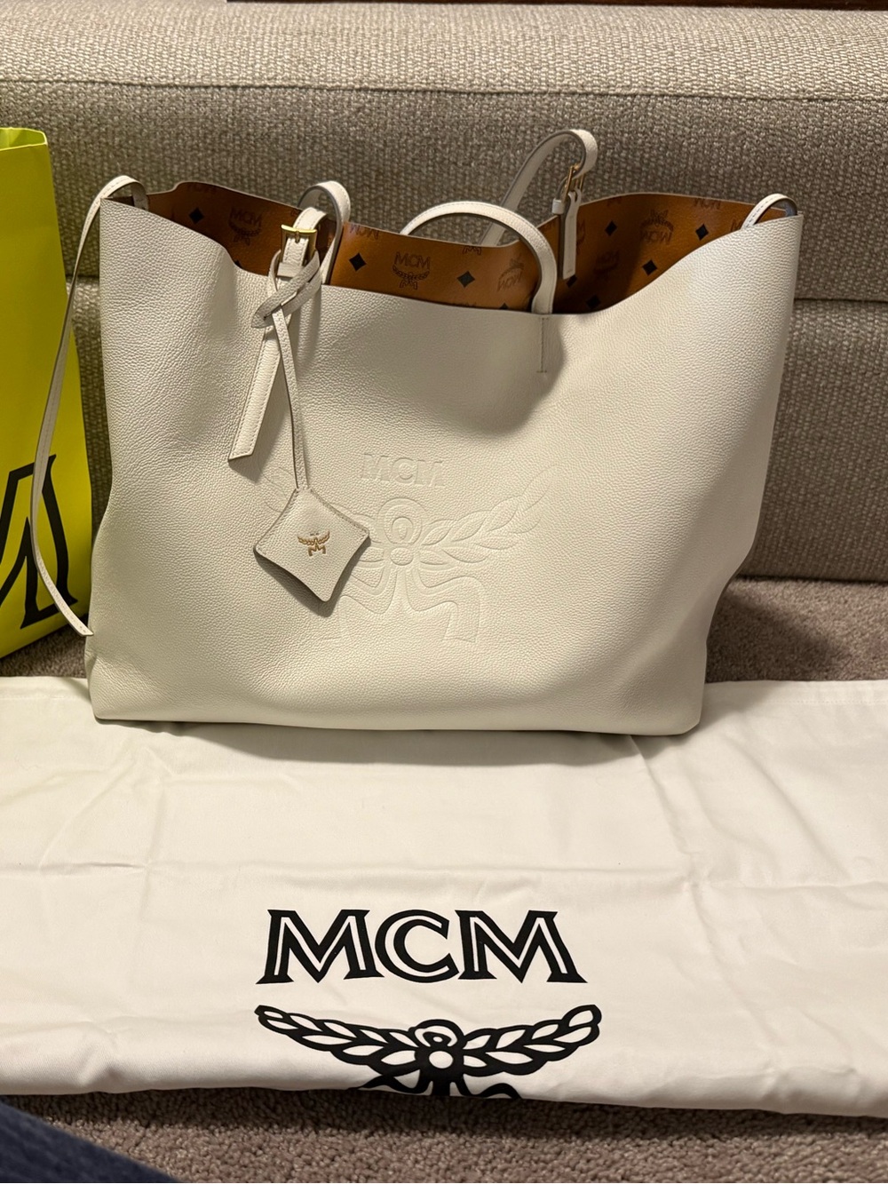 MCM White Embossed Leather Large Tote